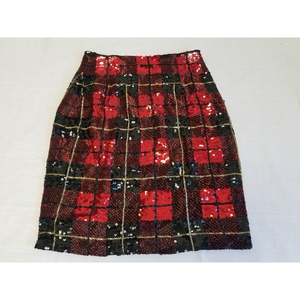 BILL BLASS CHRISTMAS SEQUINED BEADED PENCIL SKIRT SZ 4 XLNT PLAID